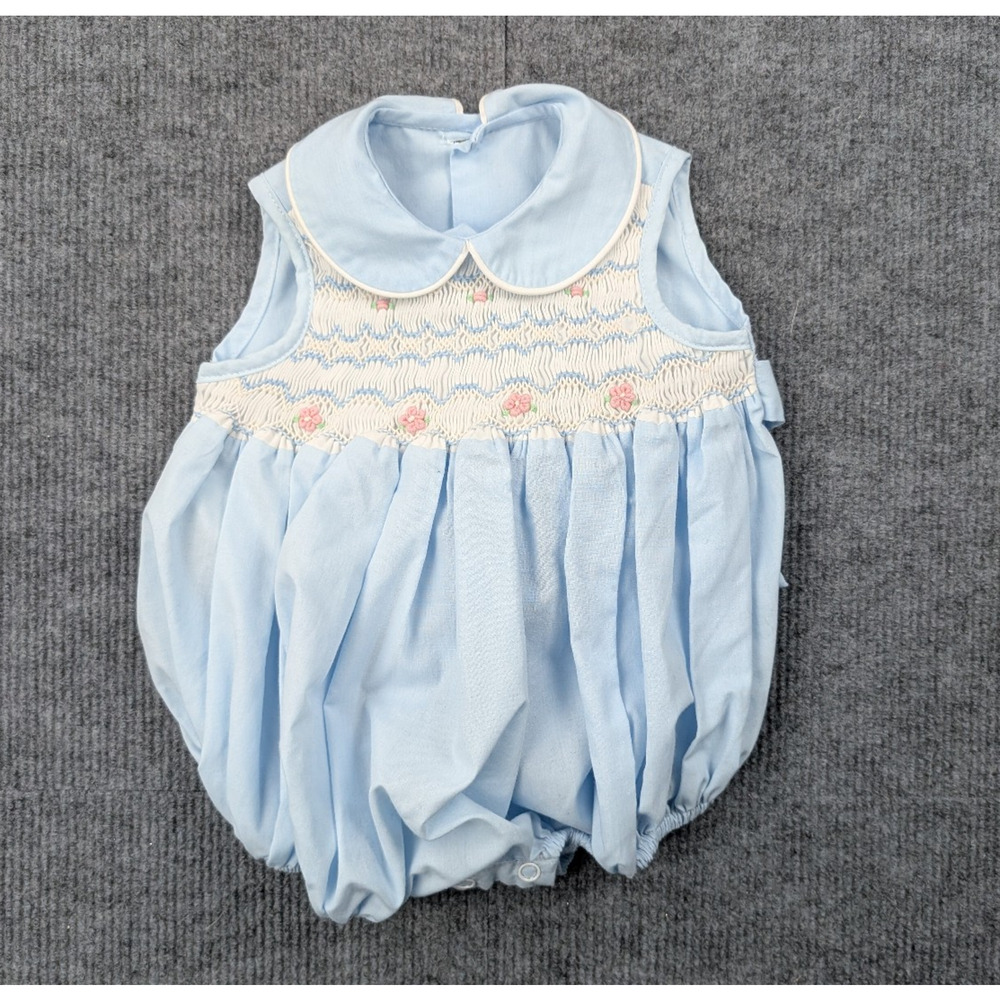 Remember Nguyen Bubble Romper Baby 3M Smocked Preppy Retro Blue Floral One Piece